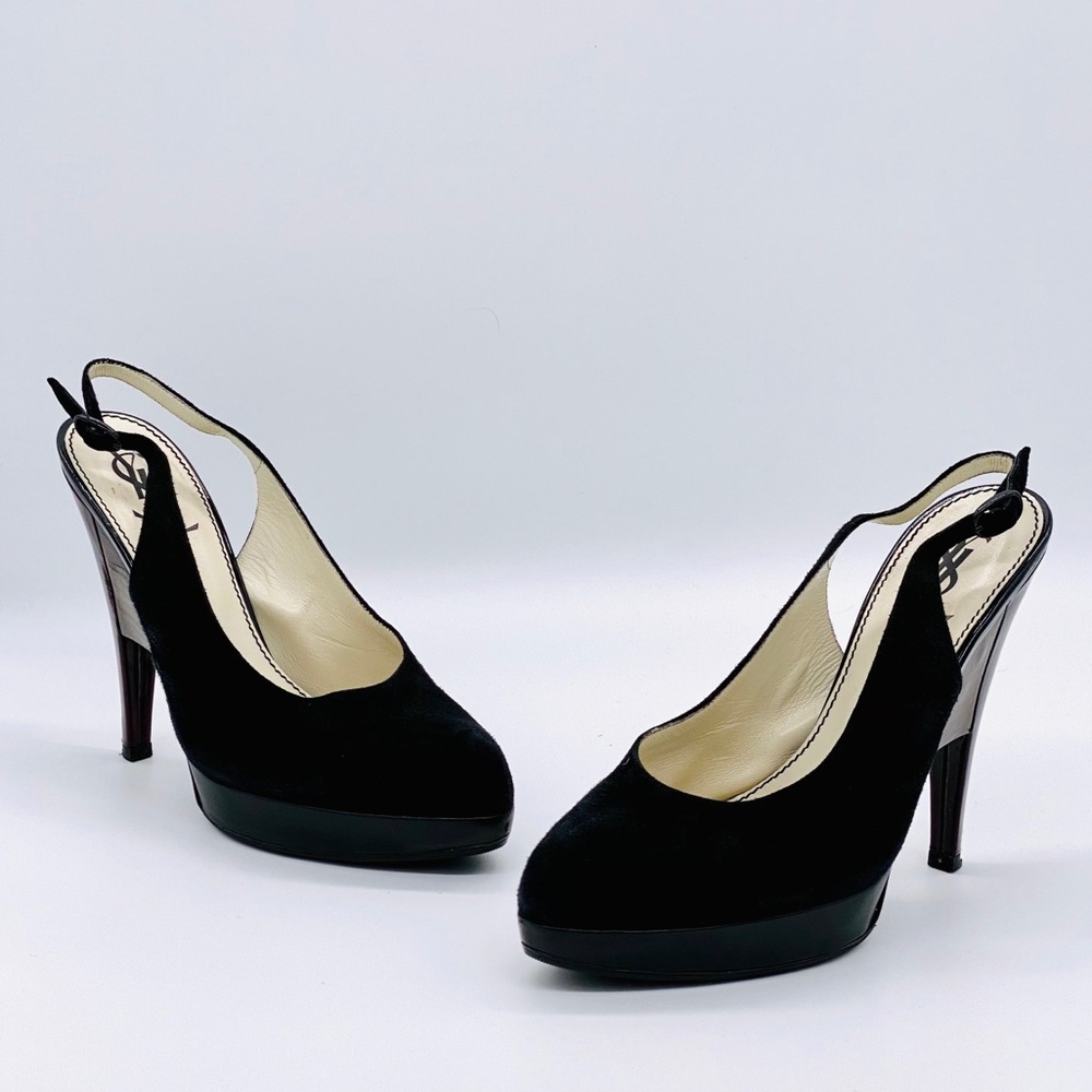 Yves Saint Laurent Black Suede Slingback Platform Heels